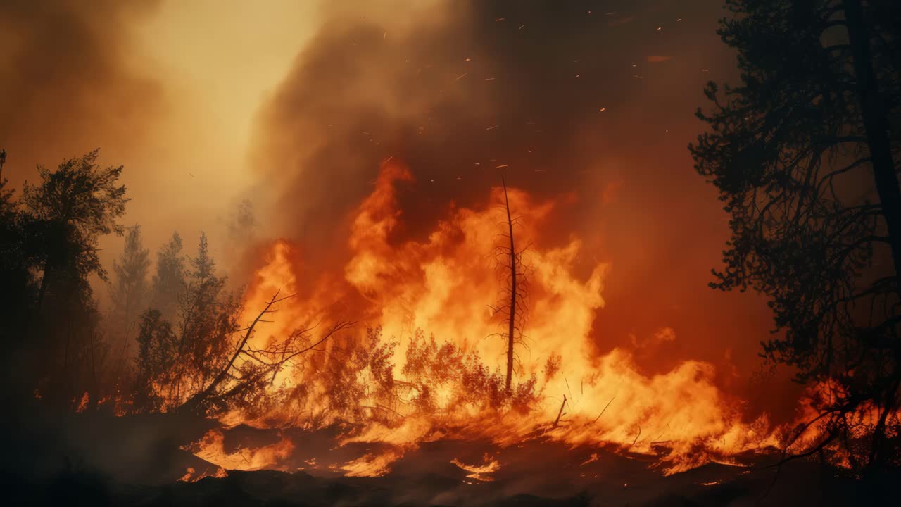 Dramatic wide-angle shot of a forest fire with intense flames and smoke, capturing the raw power