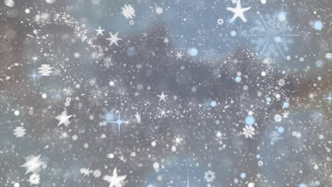 digital animation of snow falling against multiple snowflakes and stars icons on grey background