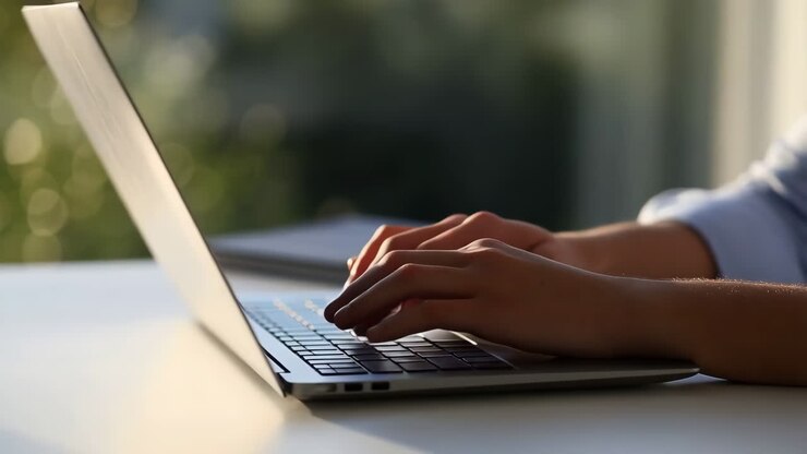 Hände, die auf einer Laptop-Tastatur tippen