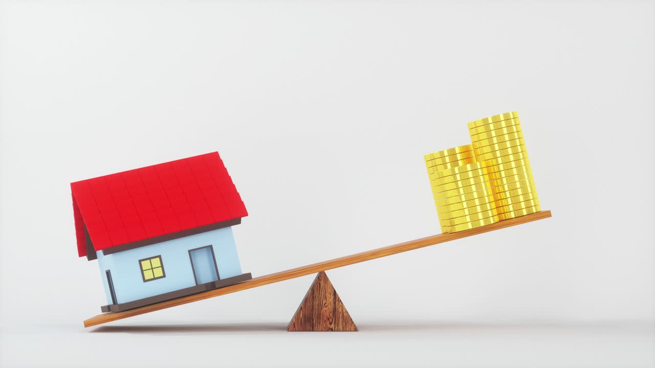 el equilibrio del dinero y la casa, la concepción abstracta, la representación en 3d.