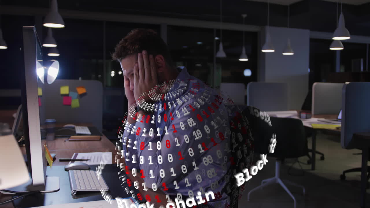 Working late in office, man surrounded by blockchain and binary code animation