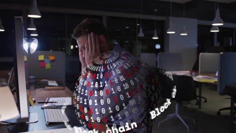 working late in office, man surrounded by blockchain and binary code animation