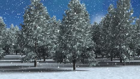 Snow-falling-over-winter-landscape-with-multiple-trees-against-sky