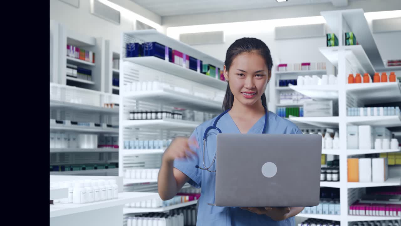 아시아 여성 의사는 스테토스코프를 들고 미소 짓고 약국에 서서 손에 노트북을 가리키고 있습니다.