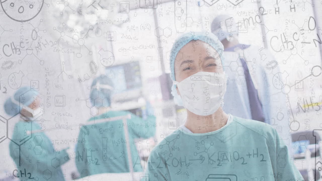 Animation of chemical equations over diverse surgeons in operating room