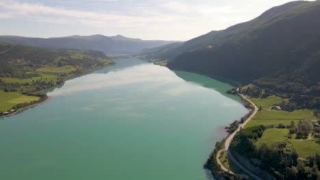 aerial panoramic views of vågåvatn lake, innlandet, norway