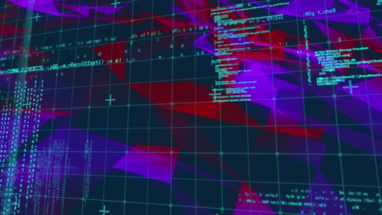 Animation von Datenverarbeitung über roten und blauen Formen.