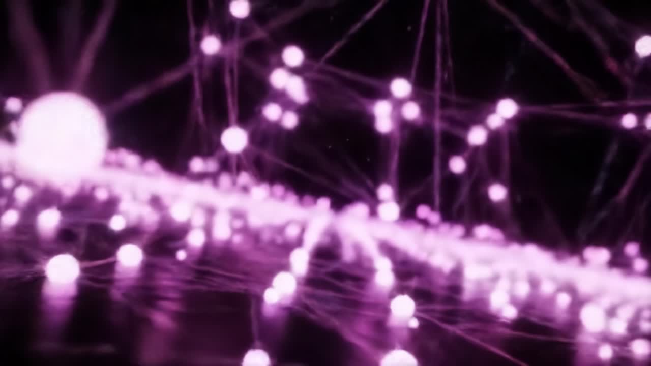 Glowing particles float and connect in a dark environment, representing the flow of information in a digital network. This visual journey highlights the beauty of technology and connectivity.