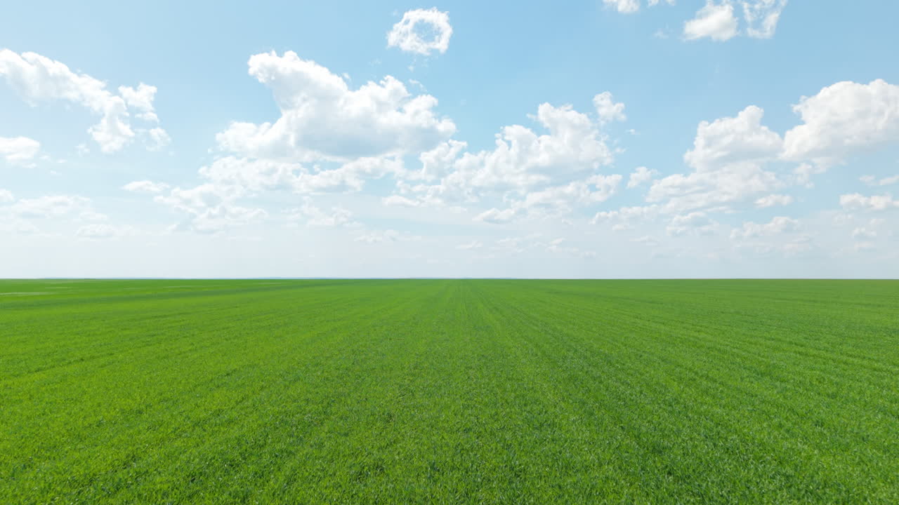 Cinematic drone footage flying above vibrant green farmland in the Bulgarian countryside during springtime.