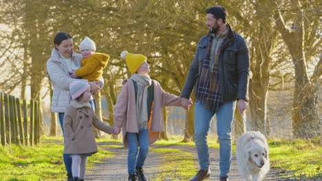 Familia-Con-Hija-Con-Síndrome-De-Down-Caminando-Con-Perro-Mascota-En-El-Campo-De-Otoño-O-Invierno-Juntos