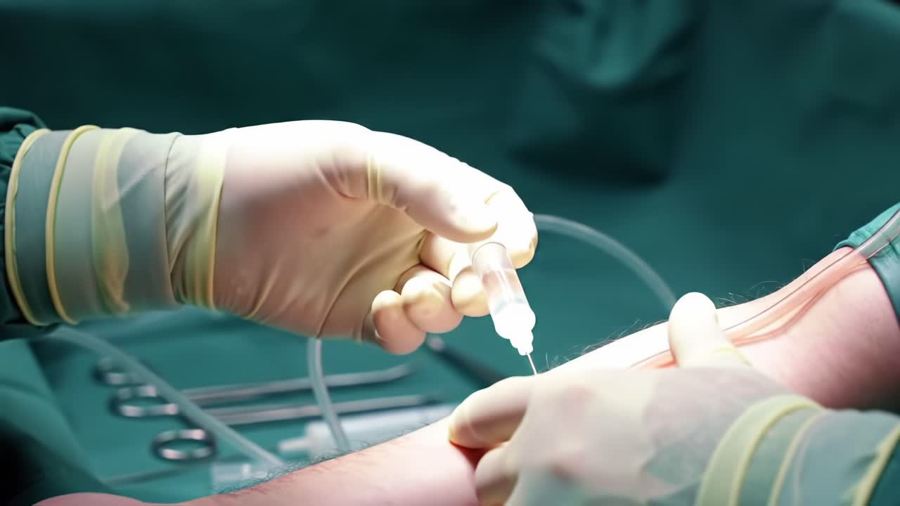 Surgical Procedure: Close-Up of Medical Professional Administering Intravenous Therapy with Precision and Care in a Sterile Environment