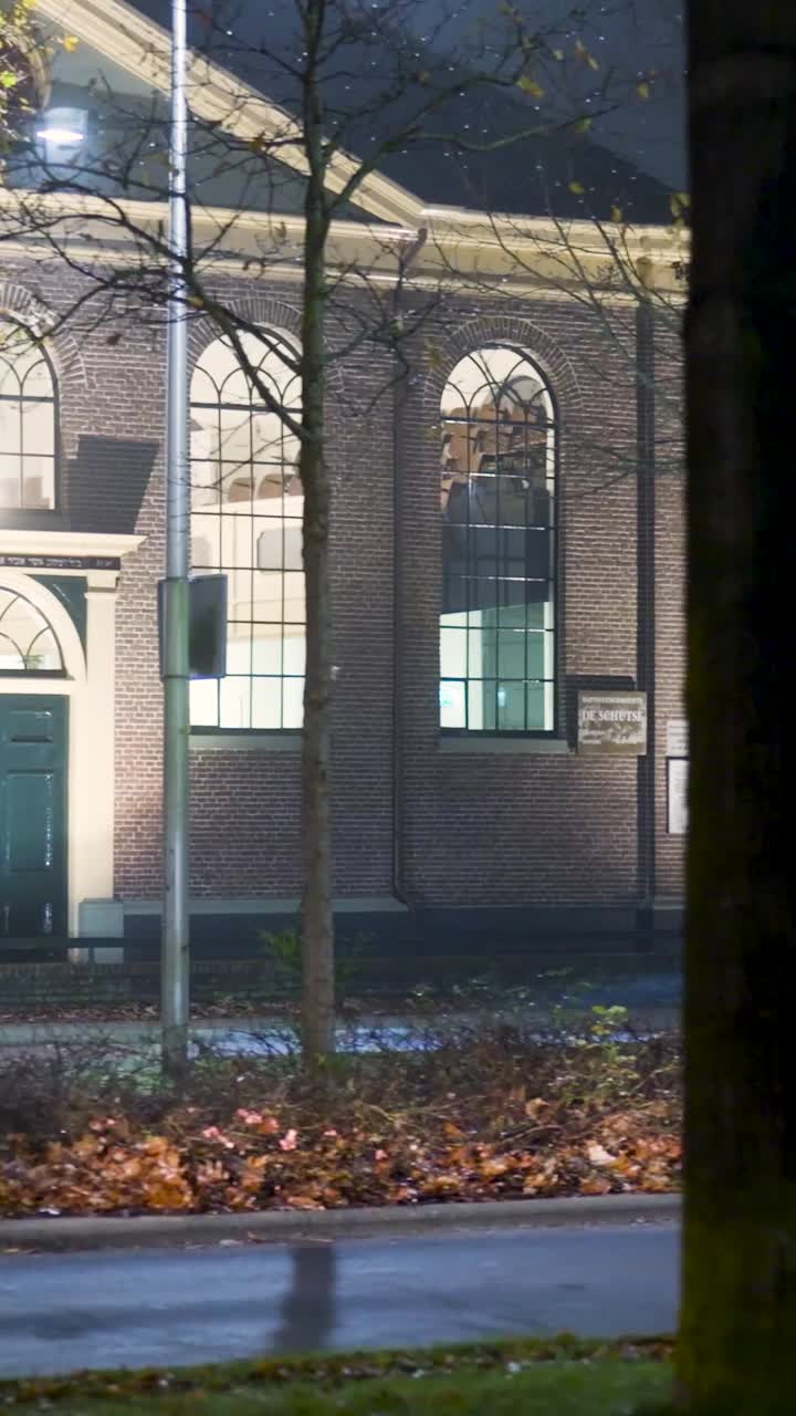 Exterior shots of a church at night