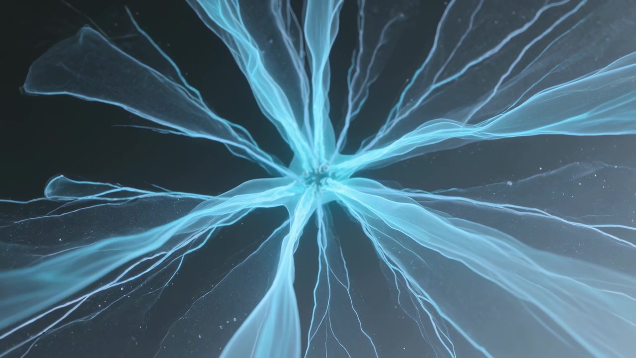 Expanding central node emitting cyan ribbons, filaments, specks after initial pulse in space