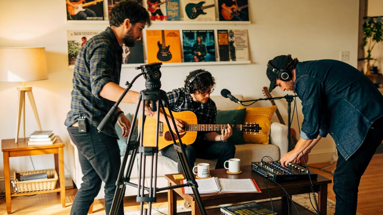 Troupe di registrazione che posiziona il microfono e regola il mixer, preparando il chitarrista a suonare la chitarra sul divano