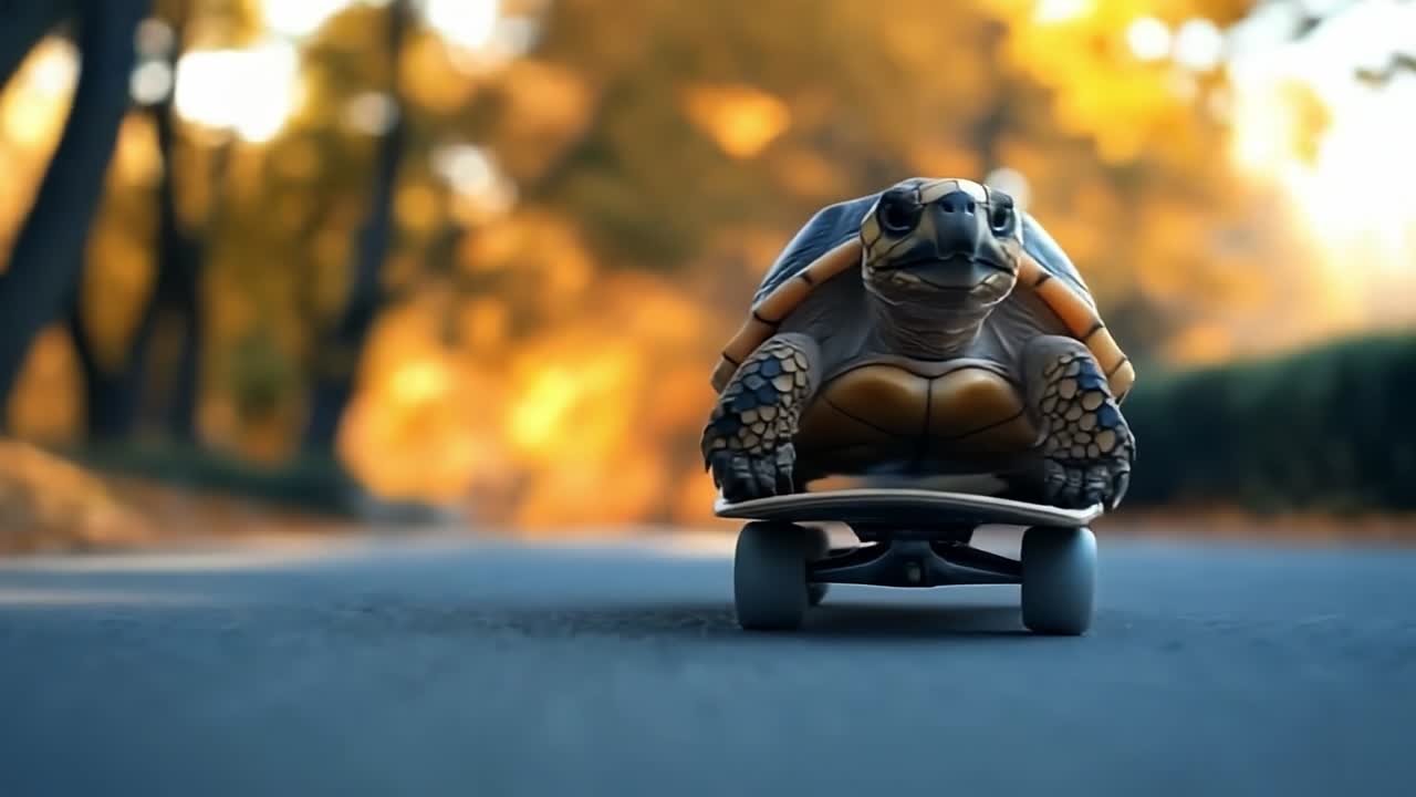 Tartaruga che fa skateboard su un sentiero soleggiato. Una tartaruga cavalca uno skateboard lungo un sentiero soleggiato alberato, mostrando il suo spirito avventuroso.