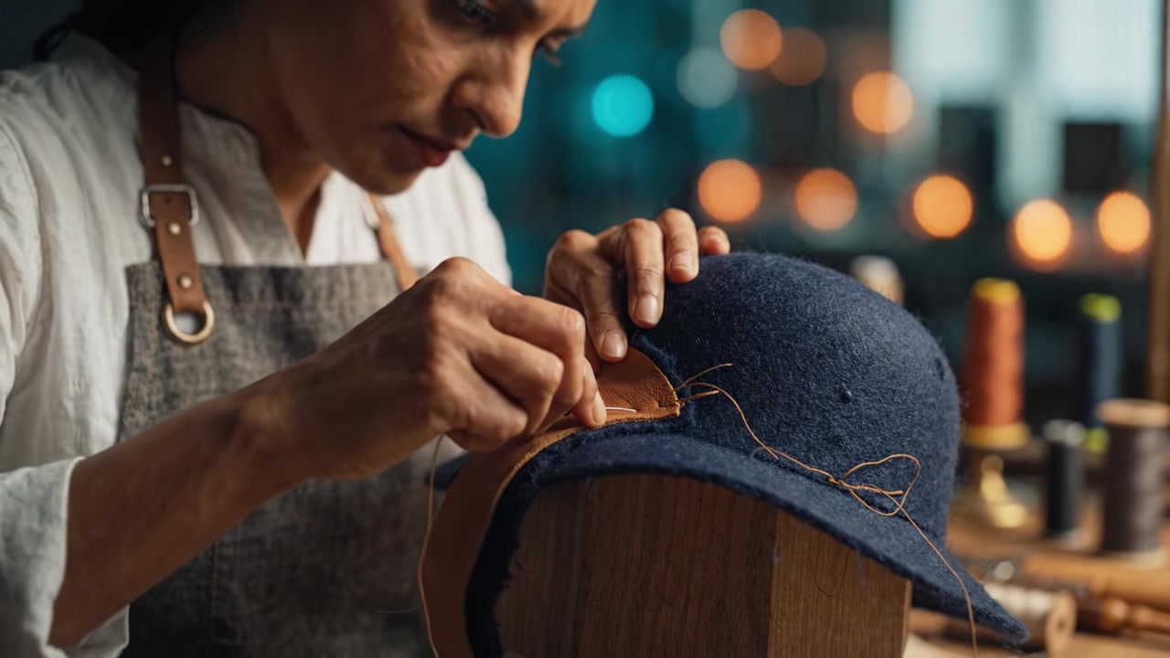 Maestria artigianale: Un abile cappellaio che cuce pelle su un cappello di feltro con precisione e cura, catturando l'essenza dell'arte della moda fatta a mano.