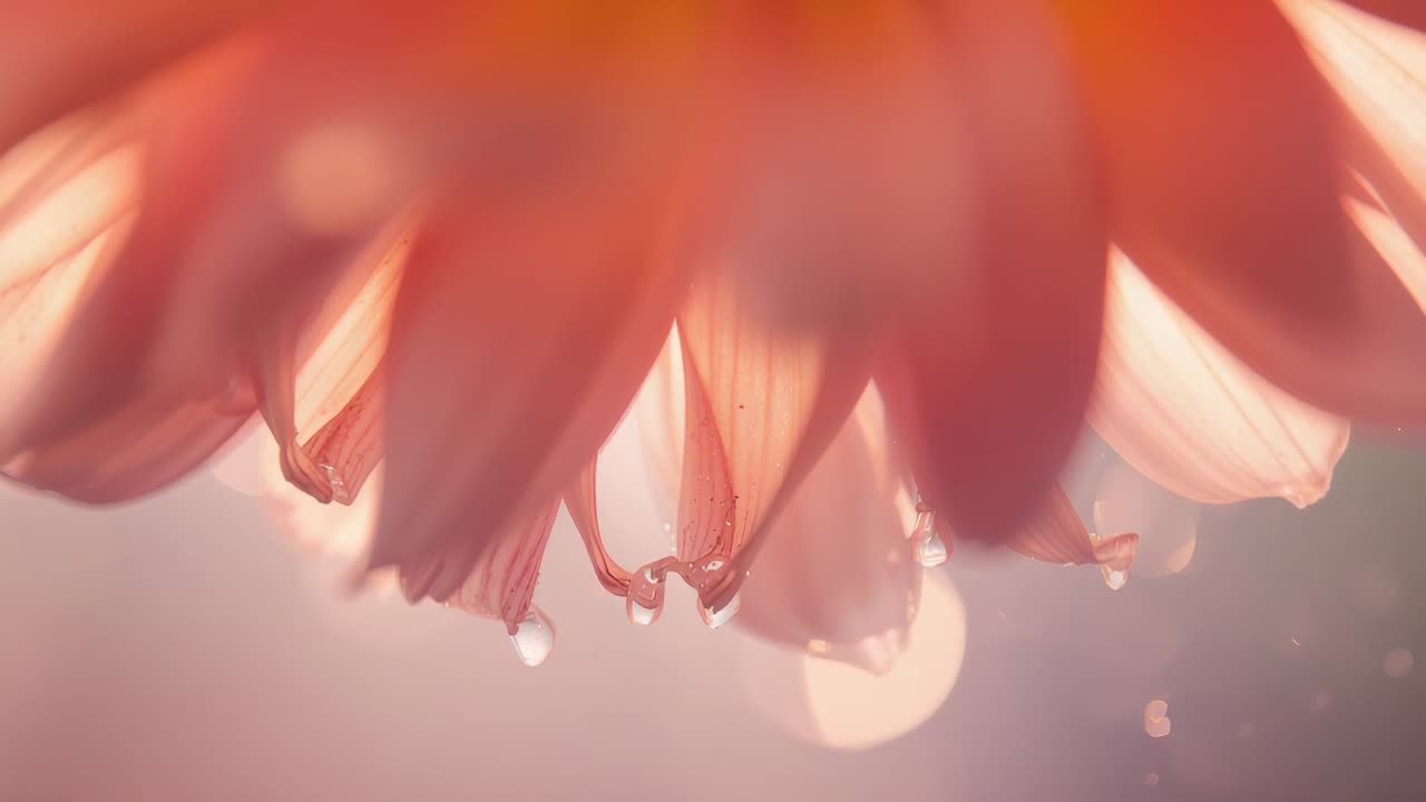 Petali di fiori che si aprono con spostamento macro mentre la goccia cresce e si stacca, con bokeh luminoso