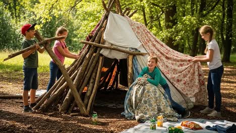 a heartwarming scene of children building a makeshift shelter in a lush green forest, showcasing friendship, creativity, and playful imagination in nature