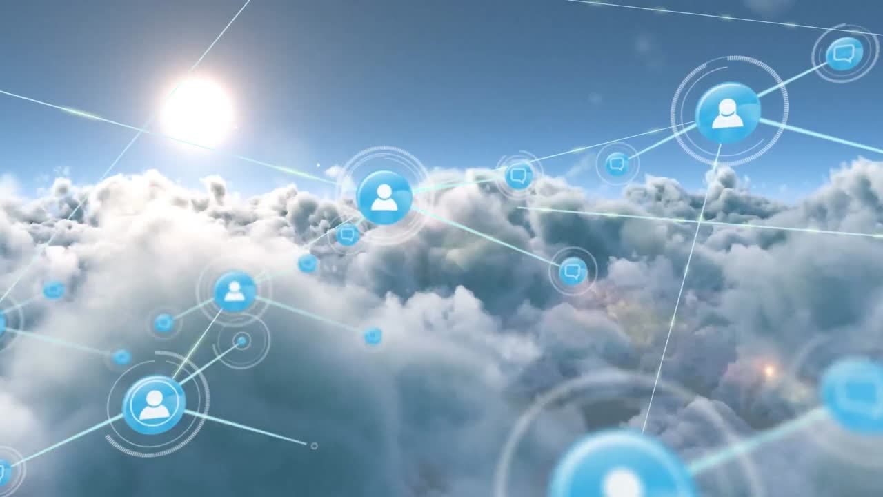 animación de redes de conexiones con iconos en el cielo