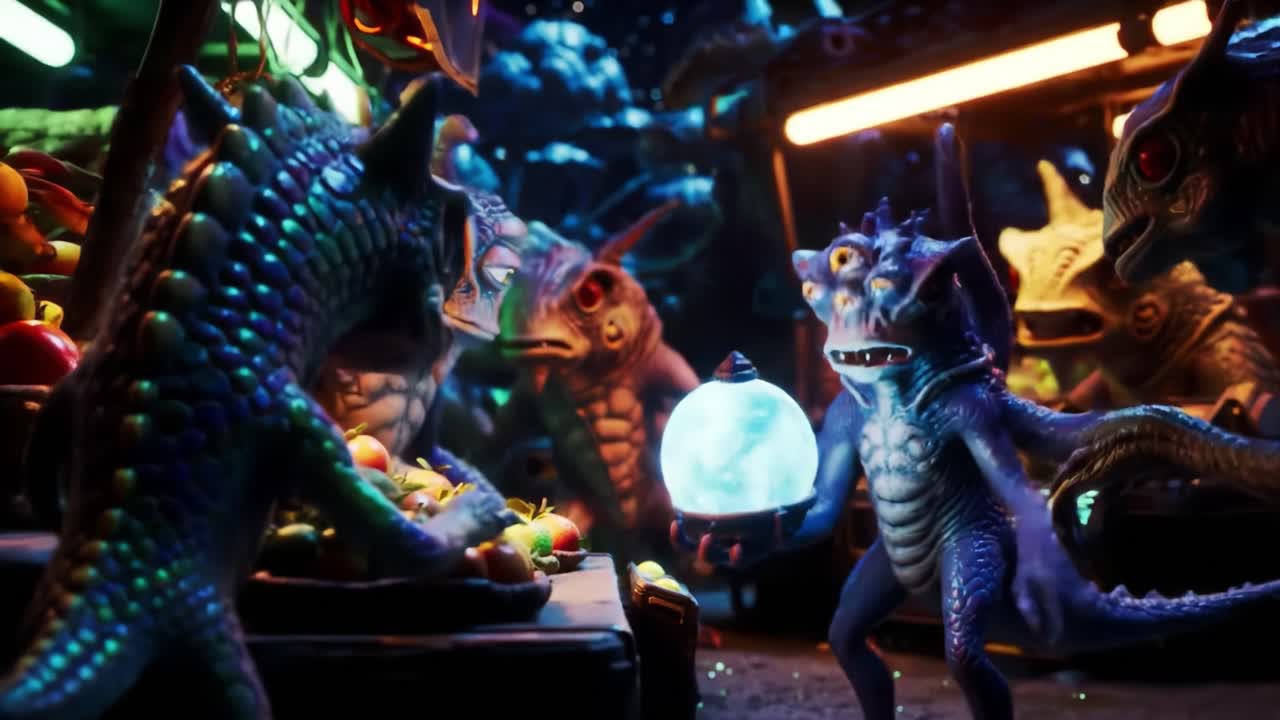 A Vibrant Alien Marketplace: A Colorful Encounter with Creatures and Enigmatic Orbs in a Lively Sci-Fi Setting