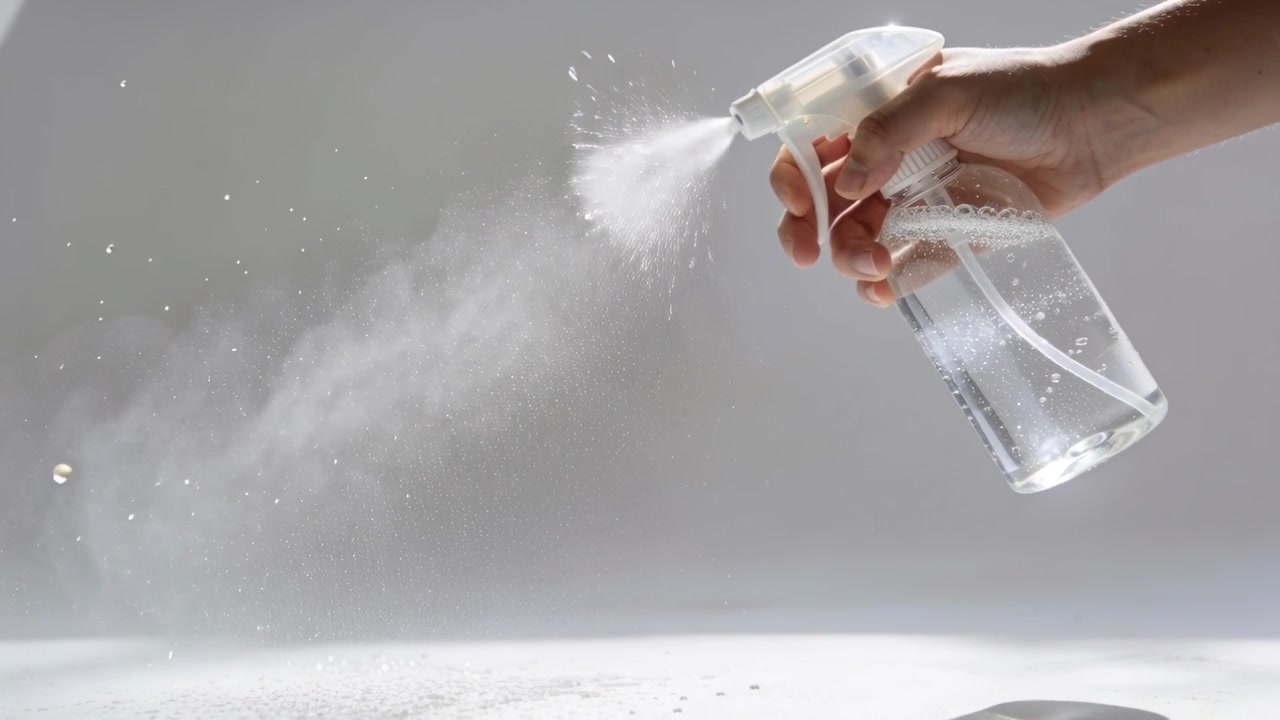 Mano destra che entra e tiene una bottiglia spray trasparente, spruzzando un tavolo chiaro e creando nebbia, con spazio per il testo.