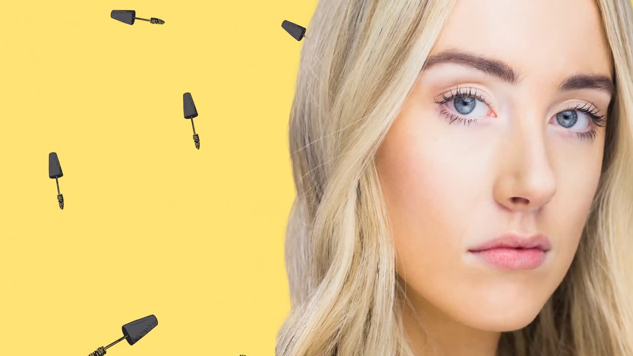 Animation of mascara repeated with woman on yellow background