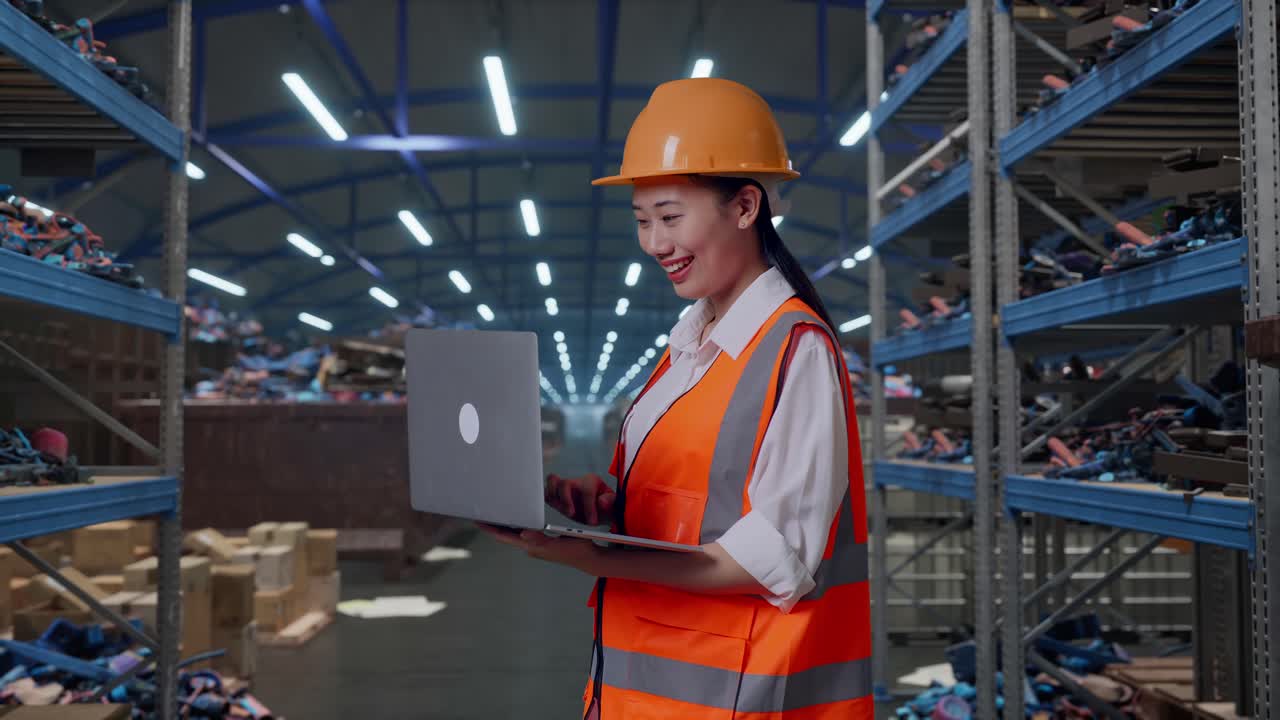 Vista laterale di ingegnera asiatica con elmetto di sicurezza che lavora al laptop mentre è in piedi, deposito industriale di rottami metallici e riciclaggio
