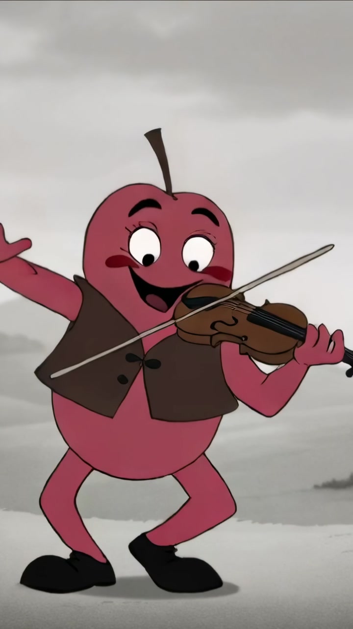 Vertical video: Raising arm, apple playing violin and dancing on grey hills, performing in vest