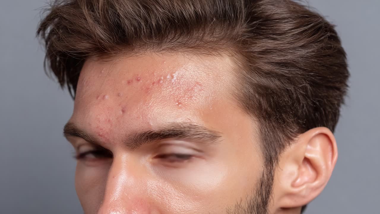 A Close-Up Examination of a Young Man's Skin, Highlighting Acne and Pimple Effects in Detail, Showcasing Natural Skin Texture and Expressions