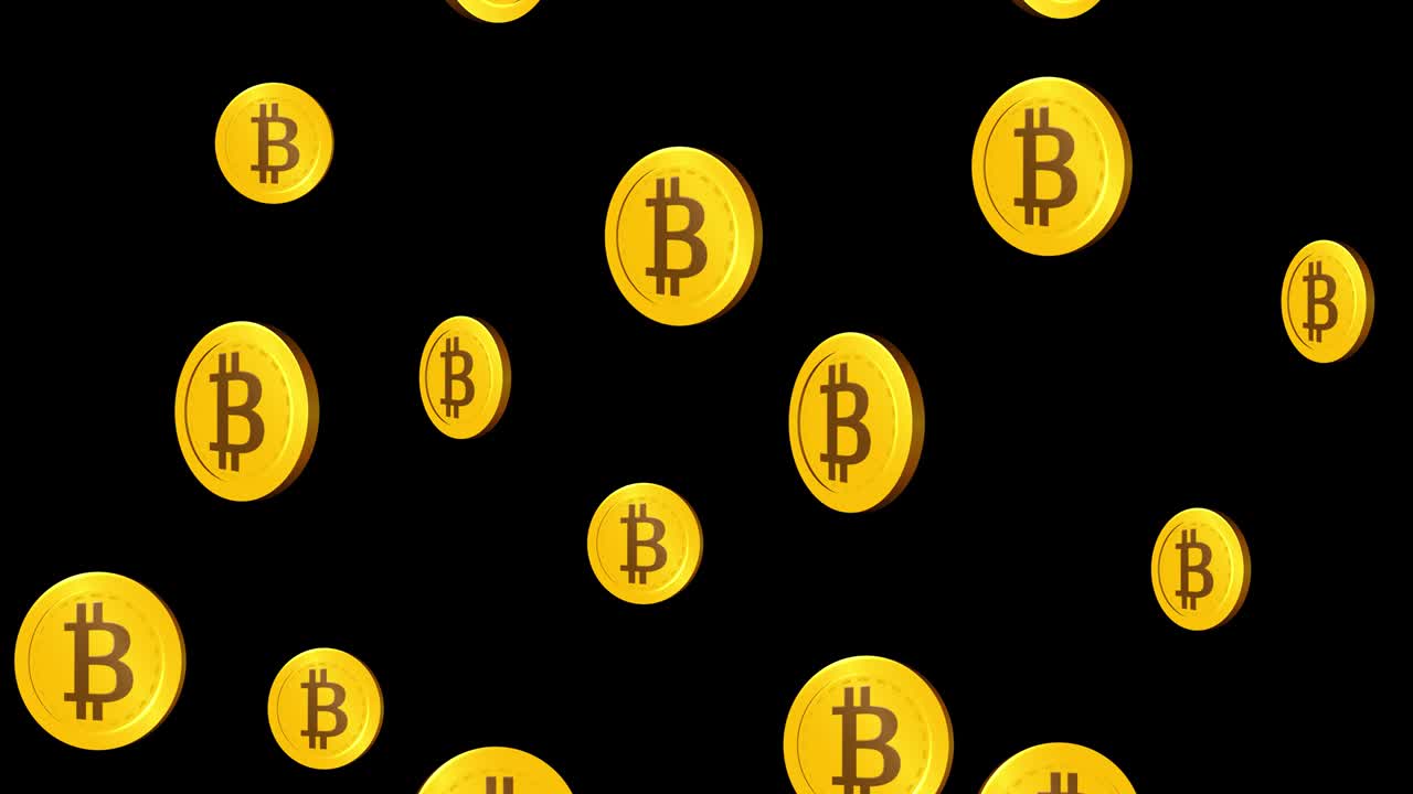 Rain of gold bitcoins. cryptocurrency or electronic payments concept. Looped animation of falling golden coins on transparent background with ALPHA channel. money, finance, Crypto mining, blockchain