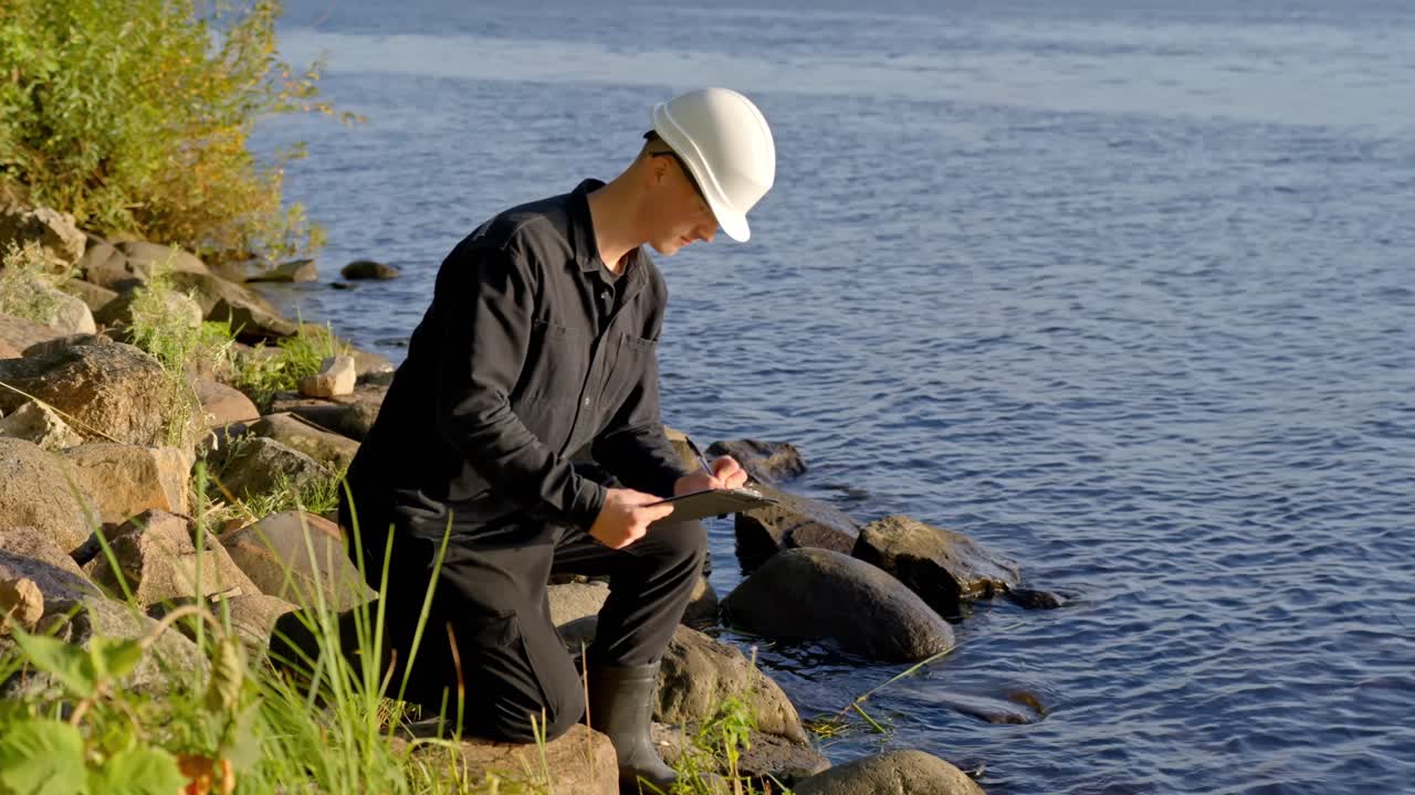 Researcher In Protective Gear Conducting A Water Quality Inspection In A Polluted River. Zoom In Shot