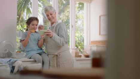 grandmother and child using smartphone having video chat little girl sharing vacation weekend showing cookie with granny enjoying chatting on mobile phone at home with granddaughter