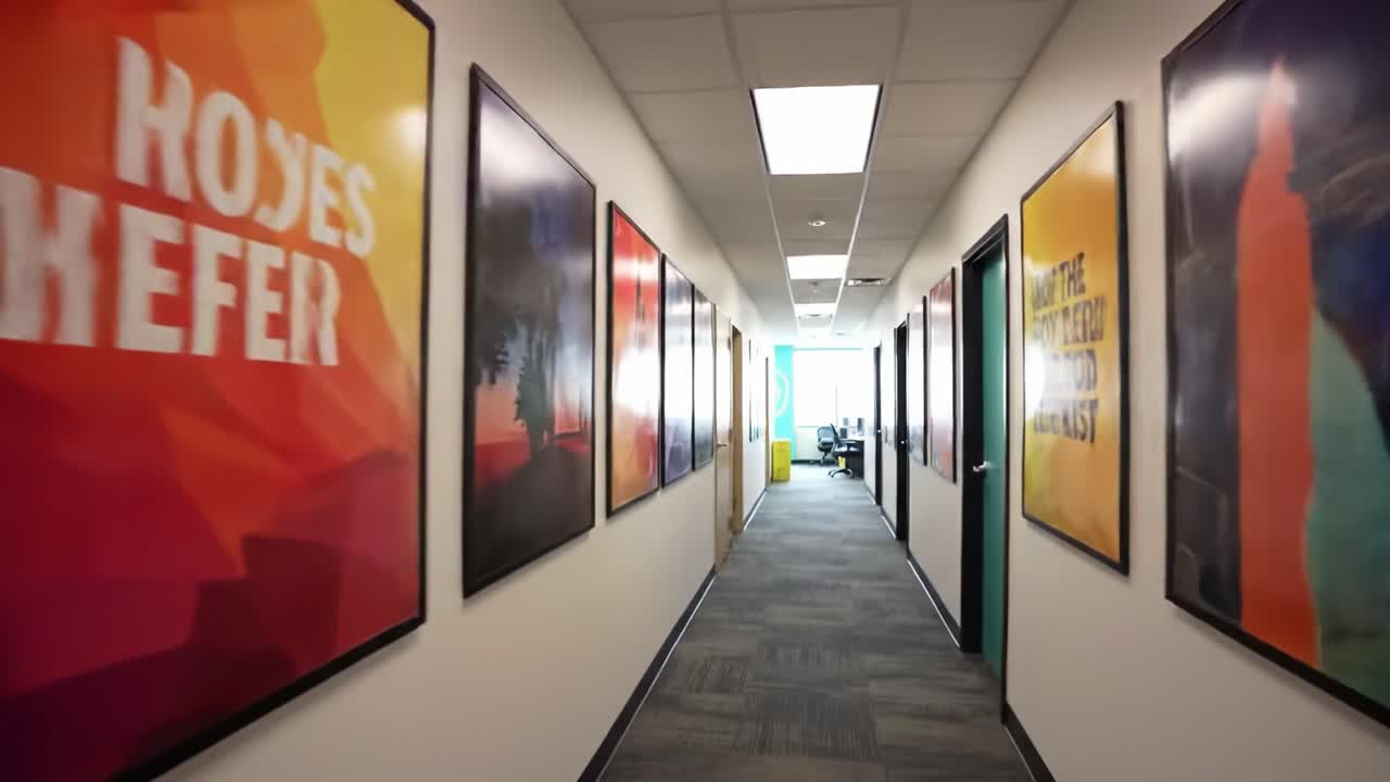 Bright and Inviting Office Hallway Featuring Colorful Artwork and Open Workspace in a Modern Business Environment