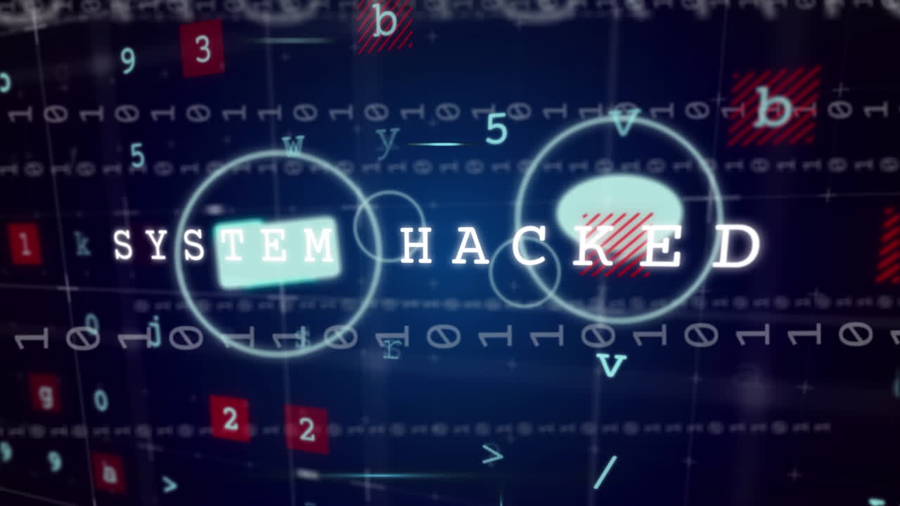 Animation of system hacked text, icons and data processing