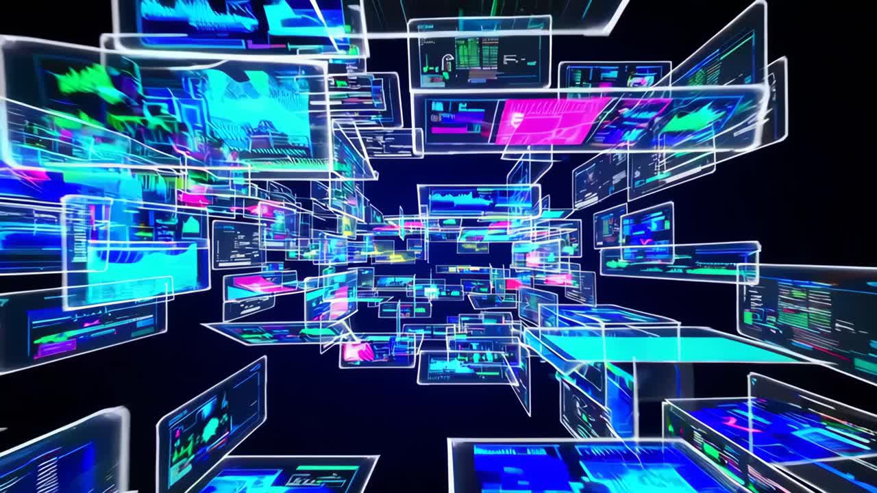 Futuristic video concept with floating digital screens displaying data