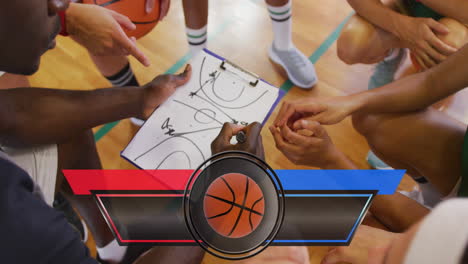 animation of score chart with copy space over basketball players