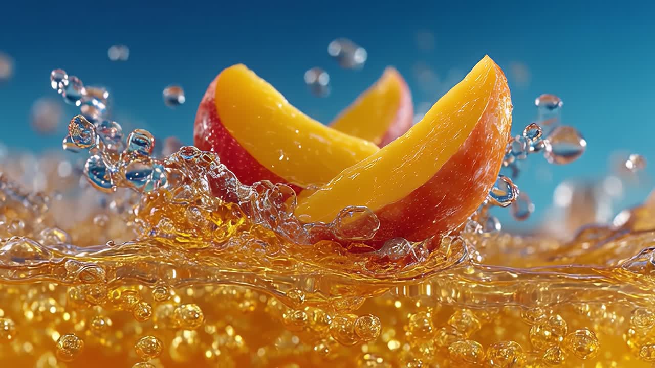Peach slices splashing into orange juice