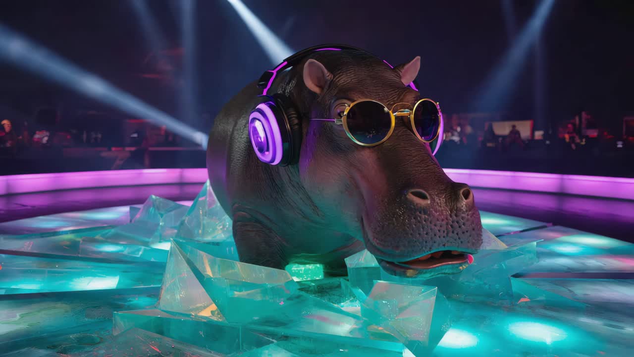 Cool Hippo DJ on a Neon Stage