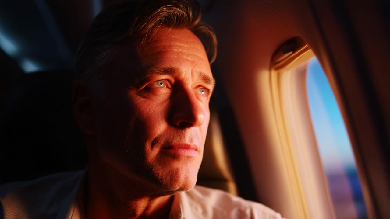 Contemplative Passenger Gazing Out the Window During a Serene Flight at Dusk, Capturing the Essence of Reflection Amidst Airborne Travel, Highlighting Personal Connection with the Journey