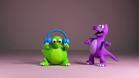 two friendly cartoon dinosaurs enjoying music, one wearing headphones and listening while the other dances, set against a vibrant pink backdrop creating a playful and cheerful atmosphere