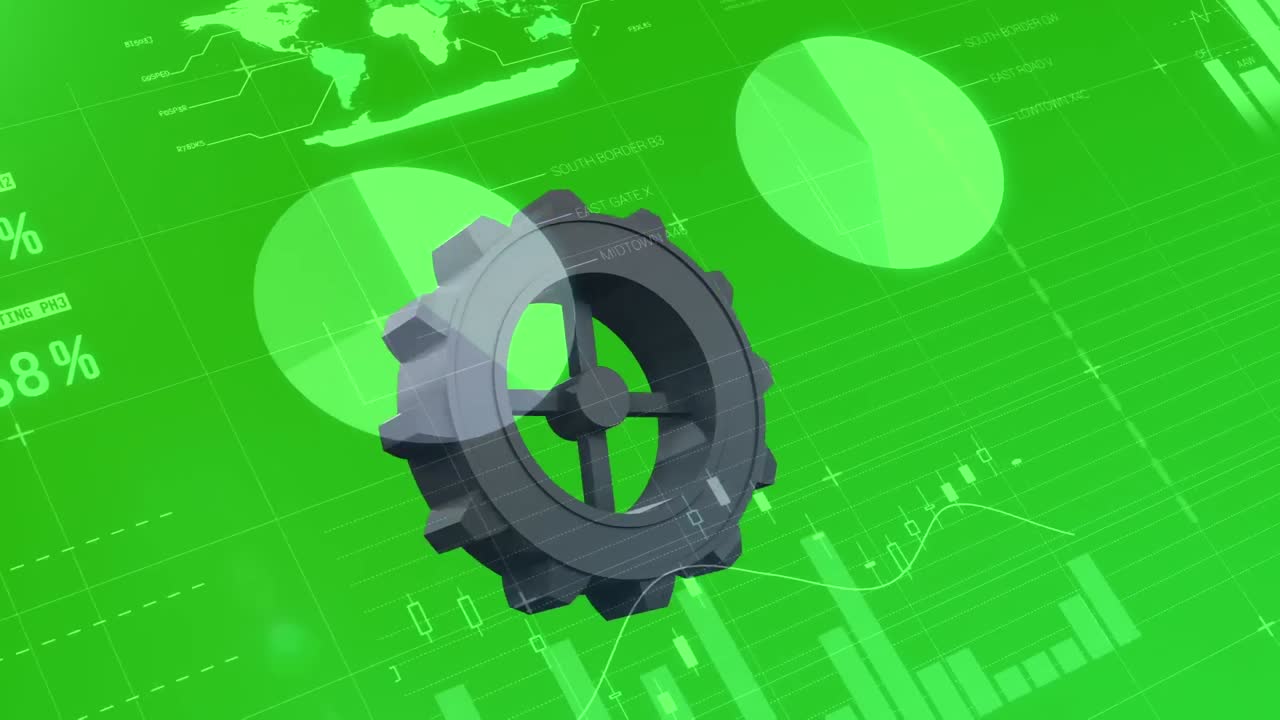 녹색 배경에 다양한 데이터에 회전하는 도구의 애니메이션