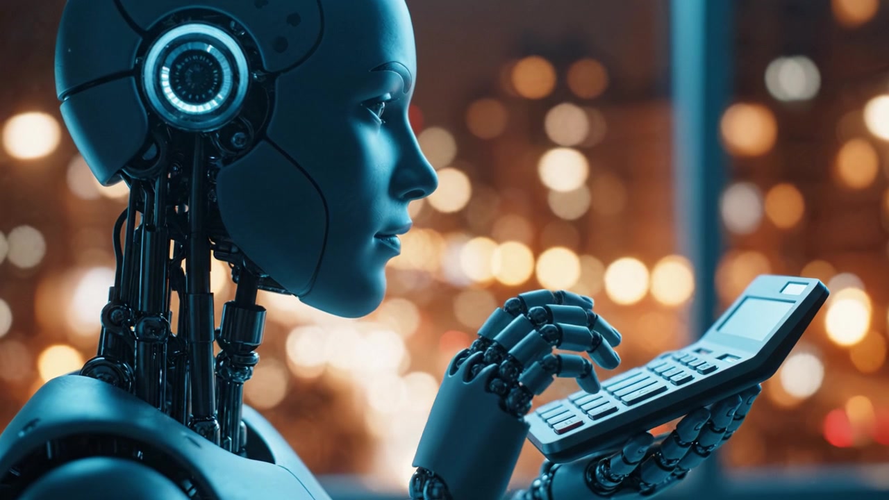 A Futuristic Robot Analyzes Data with a Calculator, Embodying Advanced Technology and Artificial Intelligence in a Vibrant Urban Environment.