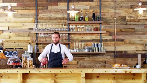 portrait of waiter cleaning counter with napkin