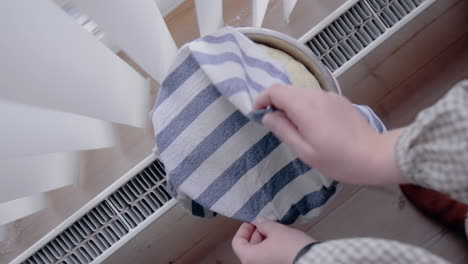 Mujer-Joven-Revisando-La-Masa-Levantada-En-El-Calentador-Para-Un-Pastel-En-La-Cocina-En-Casa