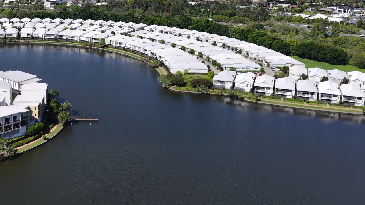 Aerial view of residential area by a lake