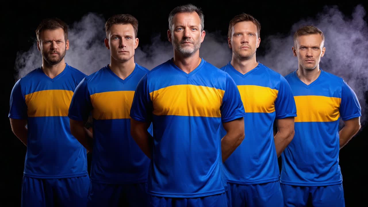 A group of five athletes stands confidently in blue and yellow sports uniforms, showcasing team spirit and unity against a dramatic smoky background