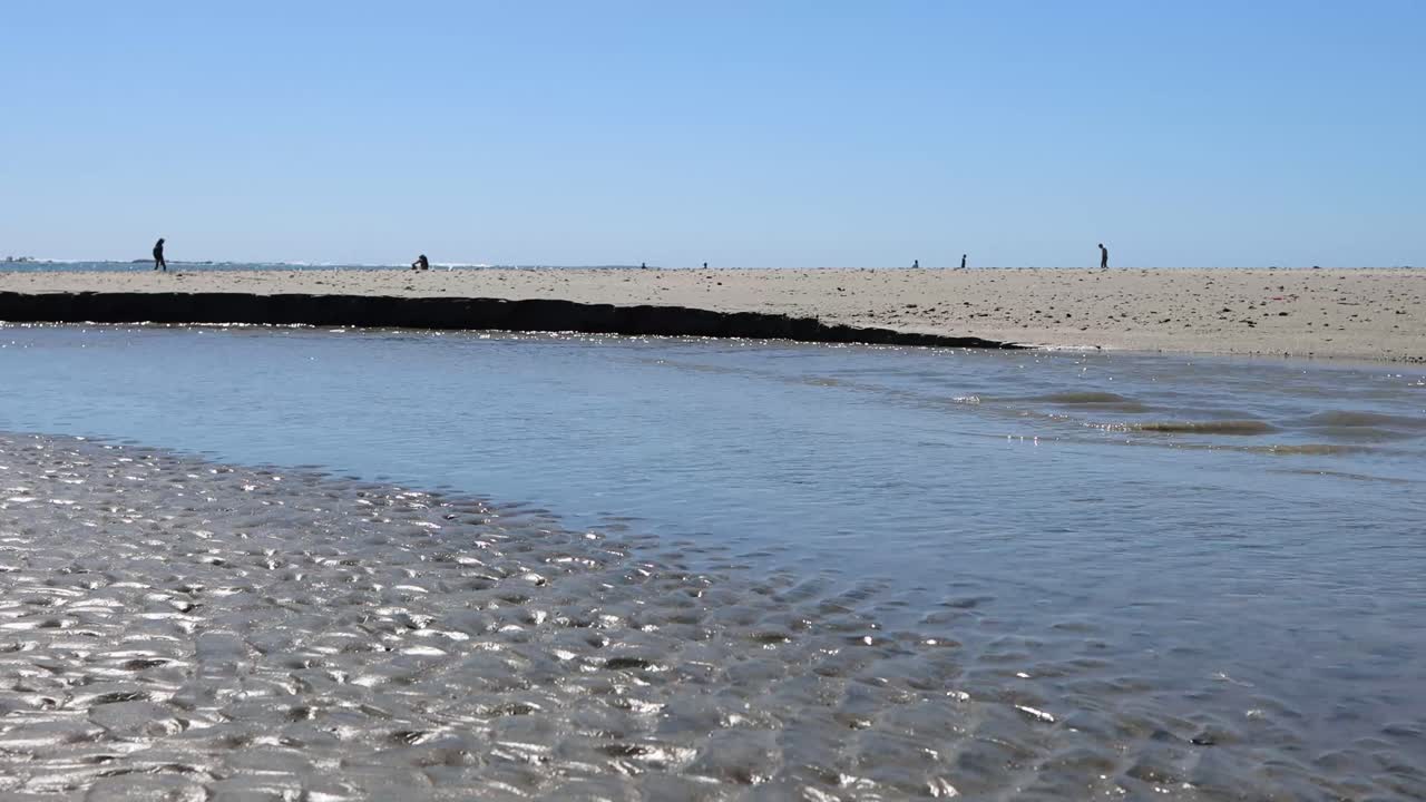 해변에서 바다로 흐르는 작은 개울