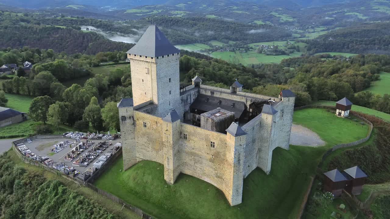 Aerial view on Mauvezin castle, a fortress with a medieval military architecture located in Occitania, France (orbital forward)