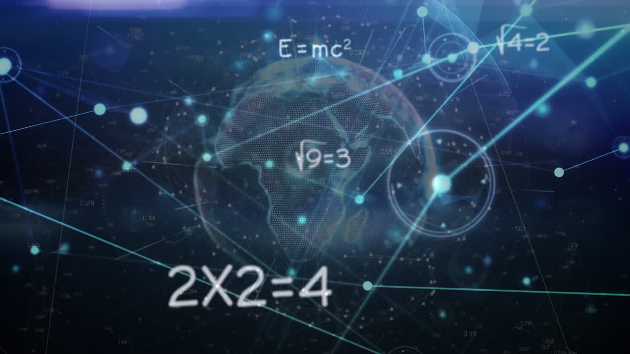 Animation of network of connections and data processing over dark background