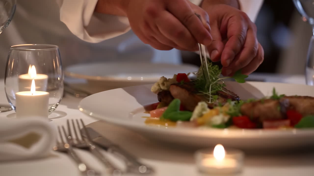 A Chef's Hands Meticulously Plating a Gourmet Dish in a Fine Dining Setting